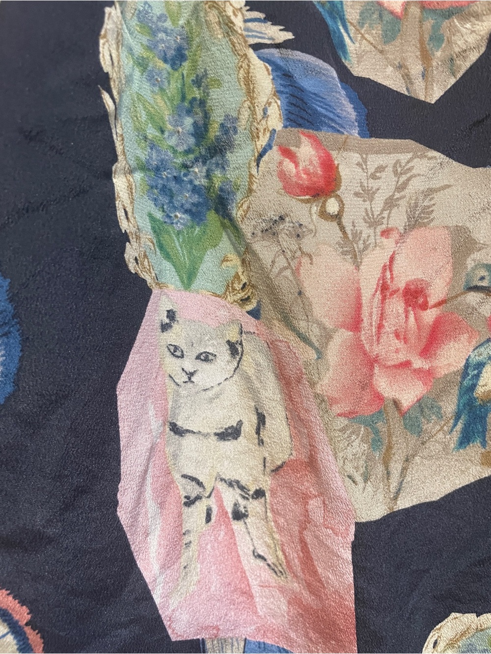 Navy Silk Floral & Cat Print Wrap Skirt - Picture 3 of 5
